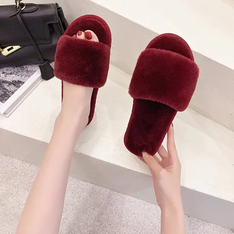 Autumn and Winter Plush Fashion Home Indoor Internet Celebrity Plush Cotton Slippers for Women Outer Wear Flats Non-Slip Ins Trbottomy Slippers