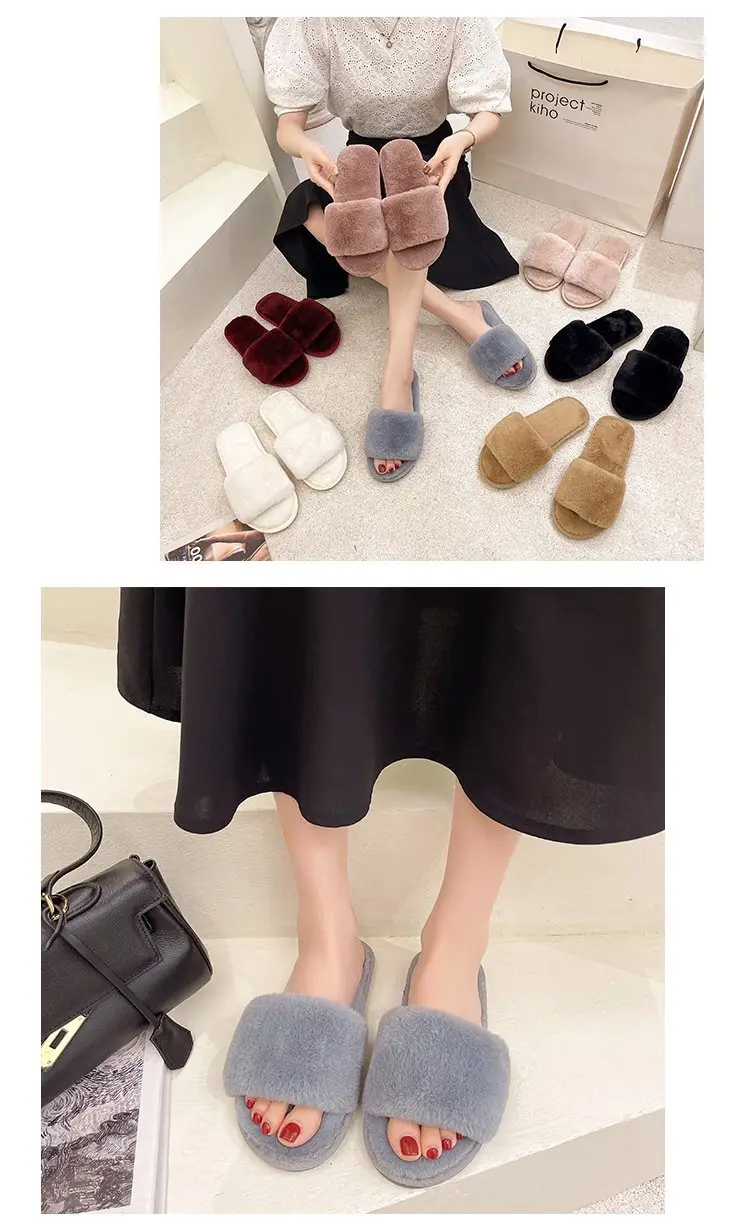 Autumn and Winter Plush Fashion Home Indoor Internet Celebrity Plush Cotton Slippers for Women Outer Wear Flats Non-Slip Ins Trbottomy Slippers — feature 12