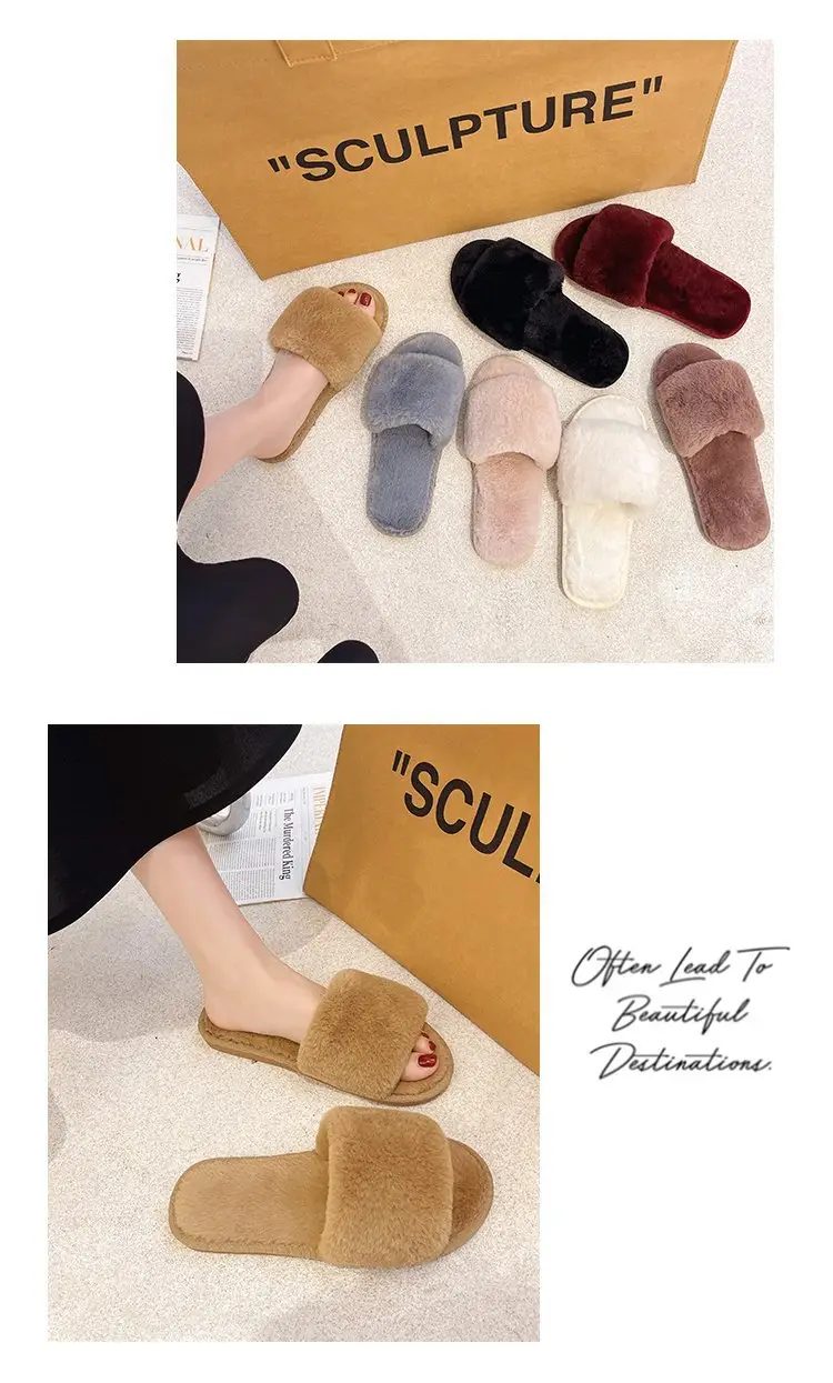 Autumn and Winter Plush Fashion Home Indoor Internet Celebrity Plush Cotton Slippers for Women Outer Wear Flats Non-Slip Ins Trbottomy Slippers — feature 9