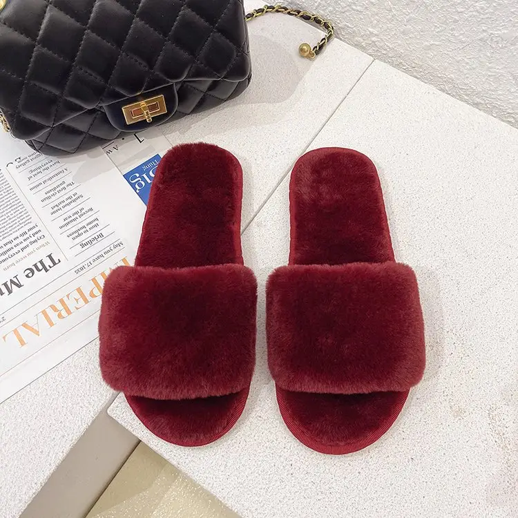 Autumn and Winter Plush Fashion Home Indoor Internet Celebrity Plush Cotton Slippers for Women Outer Wear Flats Non-Slip Ins Trbottomy Slippers