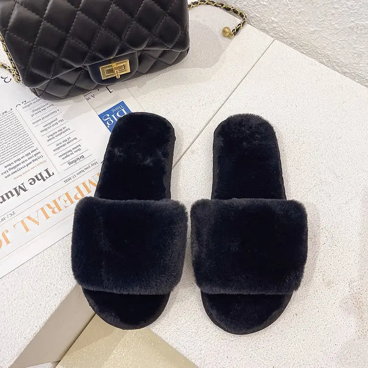 Autumn and Winter Plush Fashion Home Indoor Internet Celebrity Plush Cotton Slippers for Women Outer Wear Flats Non-Slip Ins Trbottomy Slippers