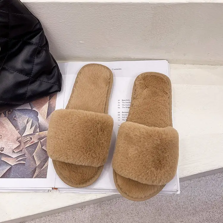 Autumn and Winter Plush Fashion Home Indoor Internet Celebrity Plush Cotton Slippers for Women Outer Wear Flats Non-Slip Ins Trbottomy Slippers