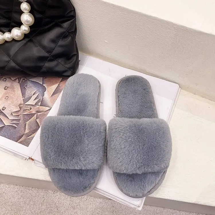 Autumn and Winter Plush Fashion Home Indoor Internet Celebrity Plush Cotton Slippers for Women Outer Wear Flats Non-Slip Ins Trbottomy Slippers