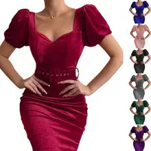 Blue Velvet High-Waisted V Neck Skirt Dress — feature 45