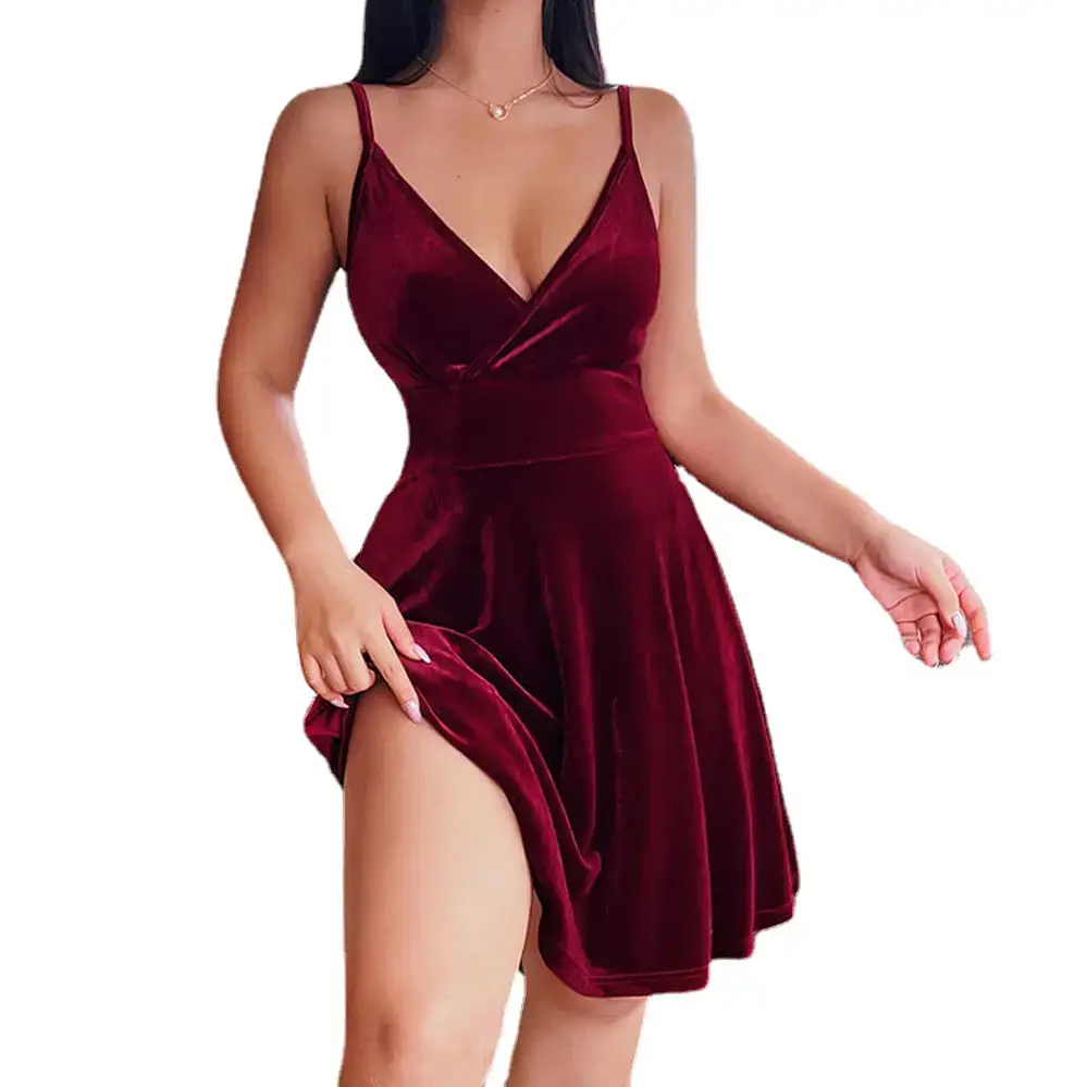Blue Velvet High-Waisted V Neck Skirt Dress - Image 2