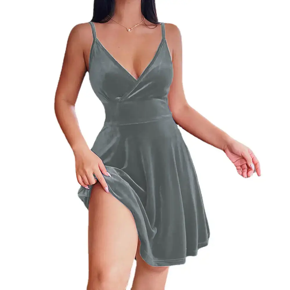 Blue Velvet High-Waisted V Neck Skirt Dress - Image 4