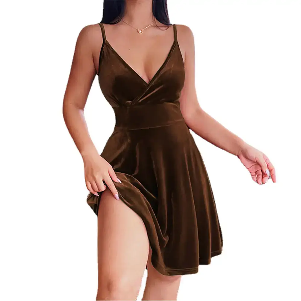 Blue Velvet High-Waisted V Neck Skirt Dress - Image 5
