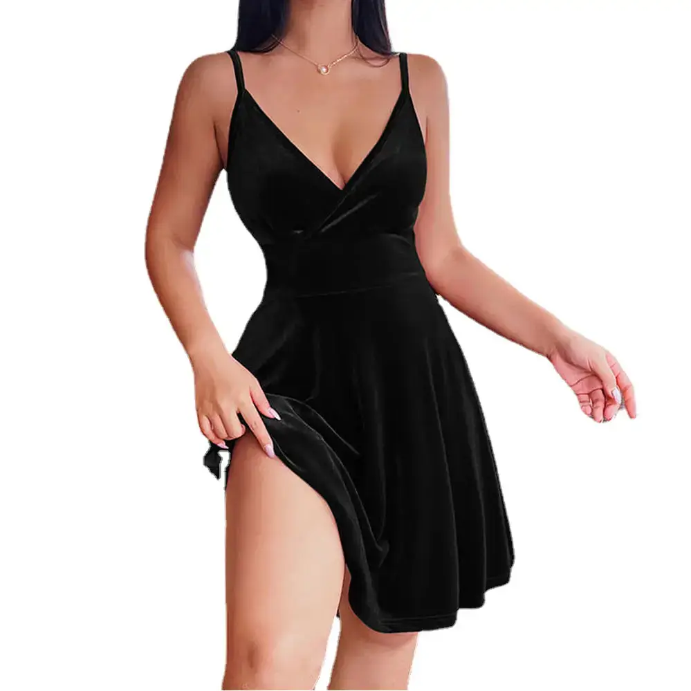 Blue Velvet High-Waisted V Neck Skirt Dress - Image 6