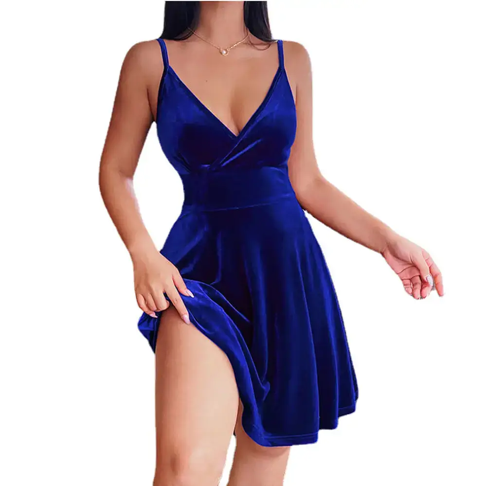 Blue Velvet High-Waisted V Neck Skirt Dress - Image 8