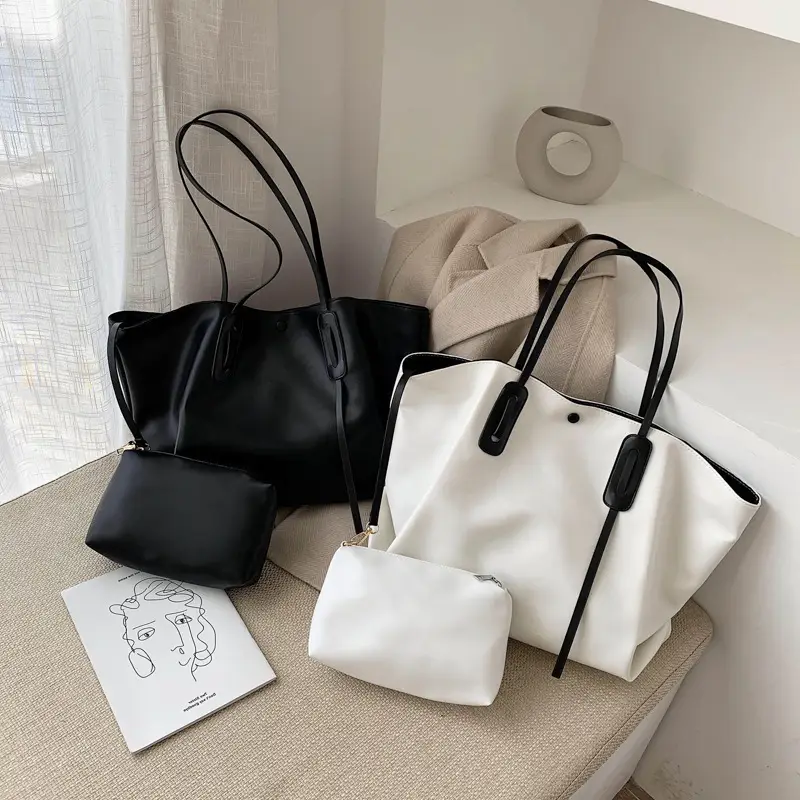 Women's White Textured Tote Bag Large Capacity European Style - Image 3