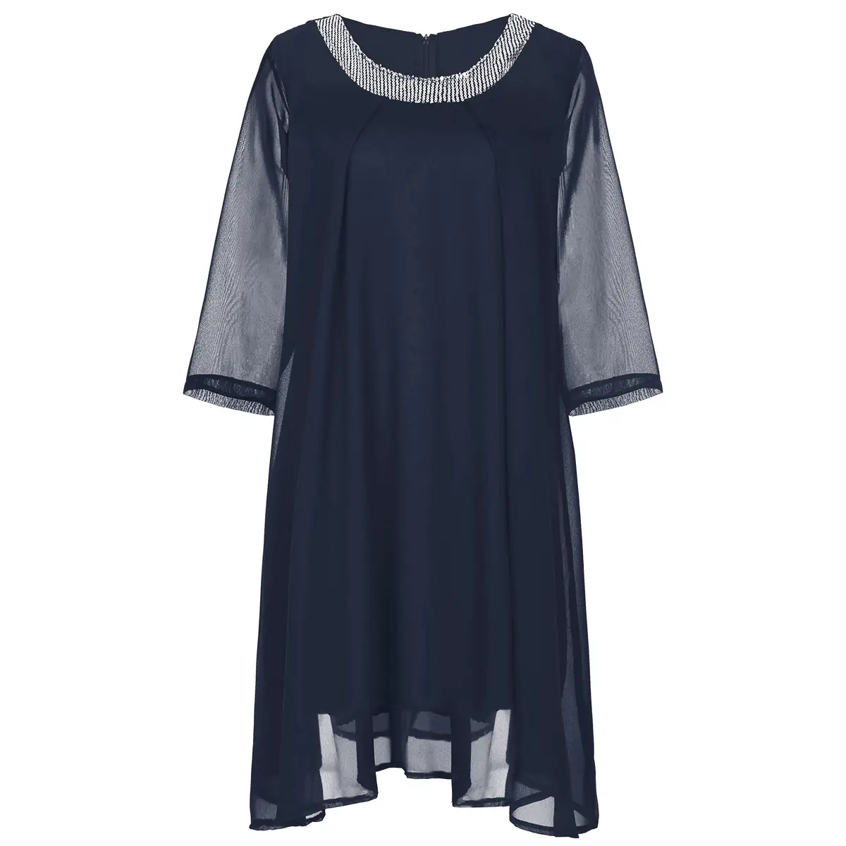 Black Chiffon Round Neck Dress with Beads & 7 Sleeves - Image 3