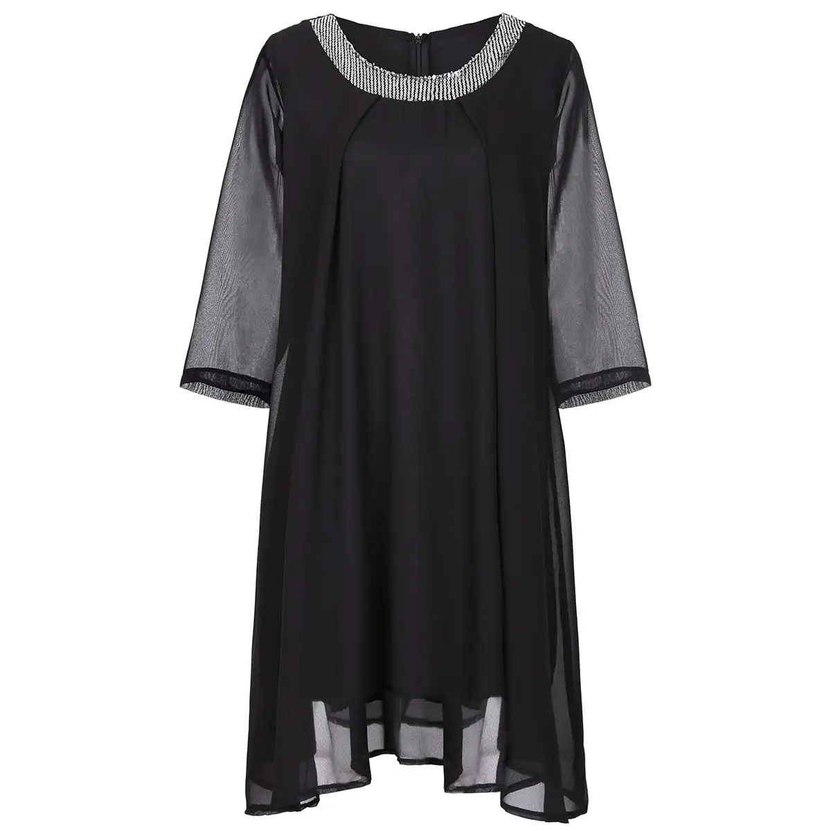Black Chiffon Round Neck Dress with Beads & 7 Sleeves — feature 5