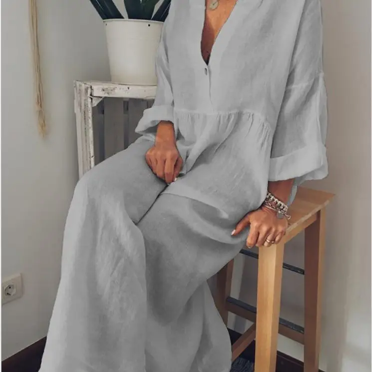 Cotton Linen V-Neck Long Sleeve Dress Large - Image 6