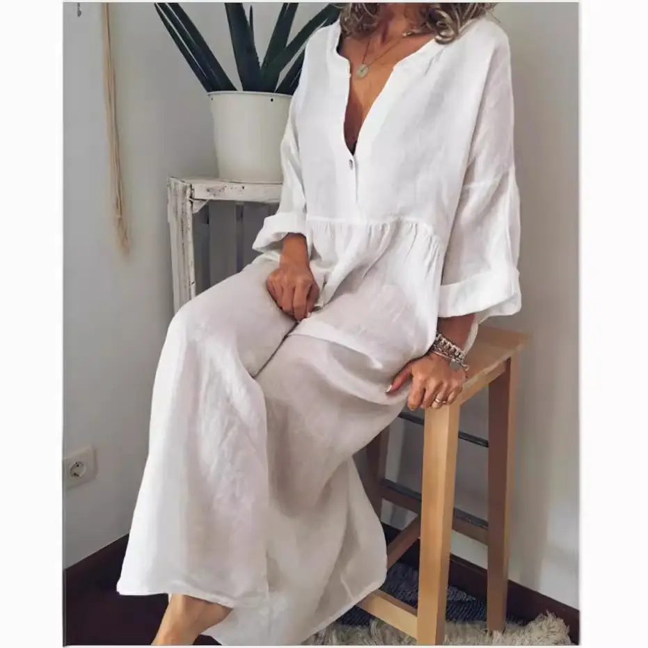 Cotton Linen V-Neck Long Sleeve Dress Large - Image 7