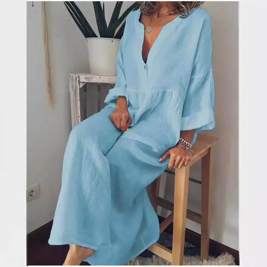Cotton Linen V-Neck Long Sleeve Dress Large - Image 8