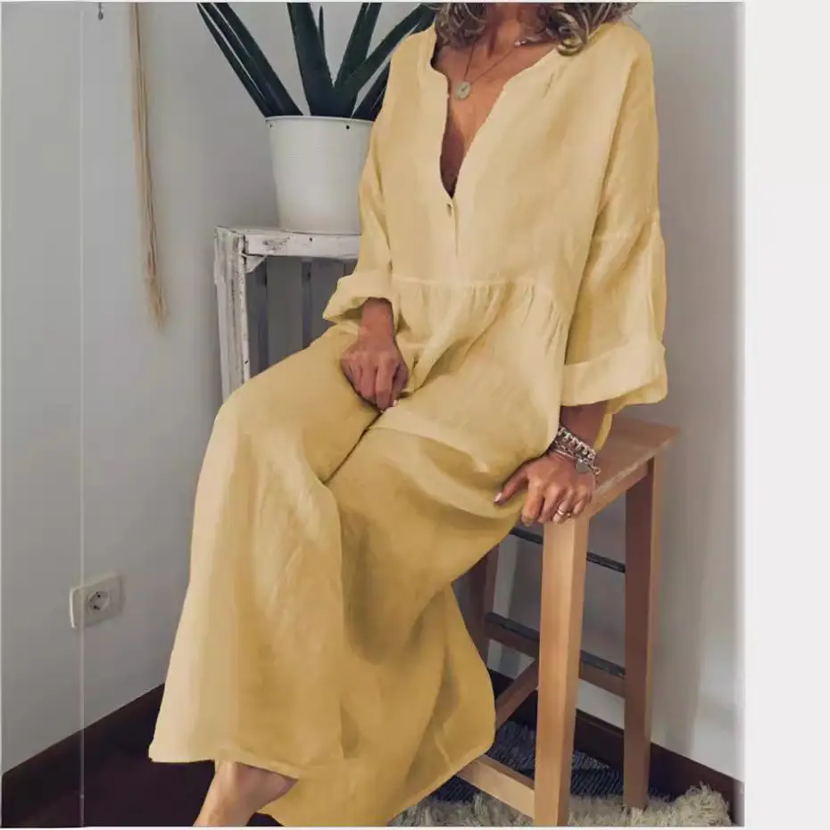 Cotton Linen V-Neck Long Sleeve Dress Large - Image 9