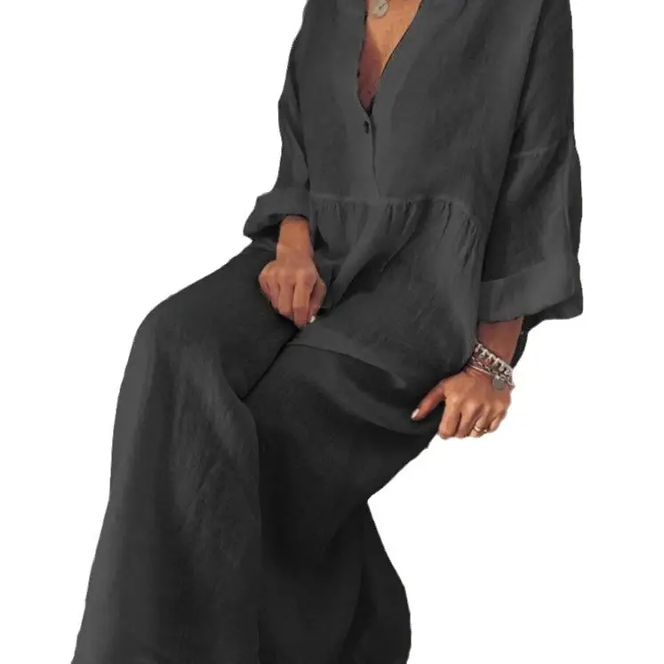 Cotton Linen V-Neck Long Sleeve Dress Large - Image 10