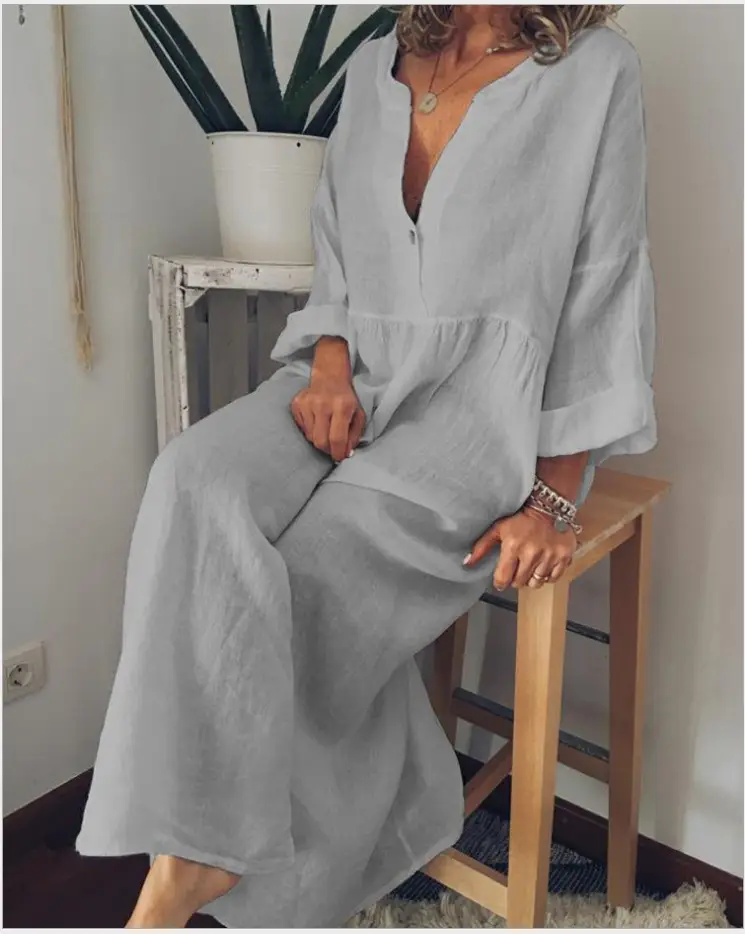 Cotton Linen V-Neck Long Sleeve Dress Large - Image 3