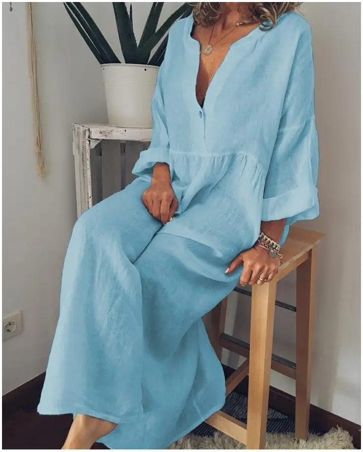 Cotton Linen V-Neck Long Sleeve Dress Large - Image 4