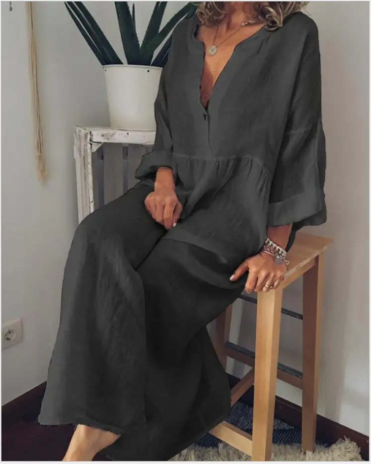 Cotton Linen V-Neck Long Sleeve Dress Large - Image 5