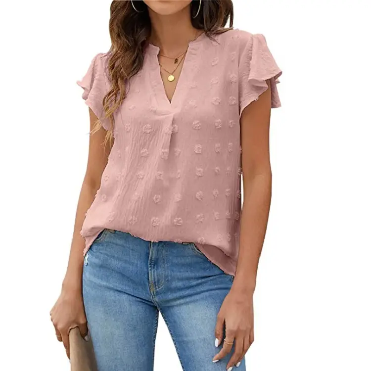 Women V-Neck Pleated Lotus Leaf Blouse 10 Colors - Image 18
