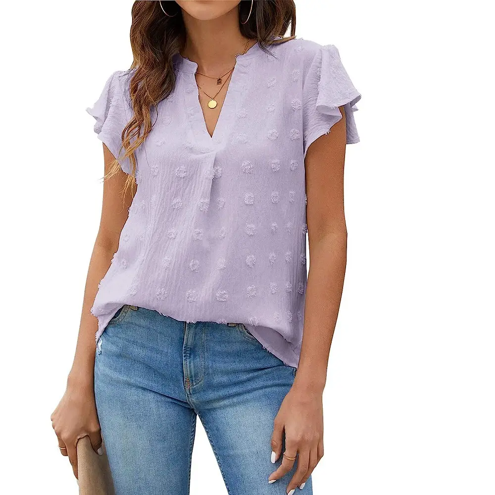 Women V-Neck Pleated Lotus Leaf Blouse 10 Colors - Image 12