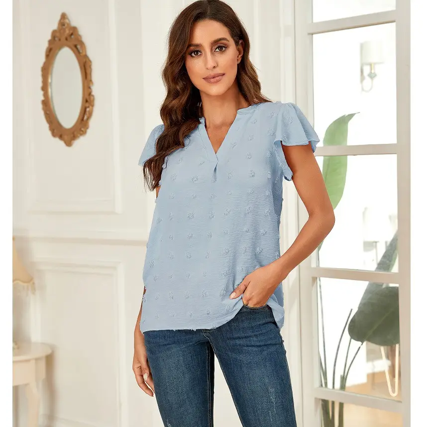 Women V-Neck Pleated Lotus Leaf Blouse 10 Colors - Image 4