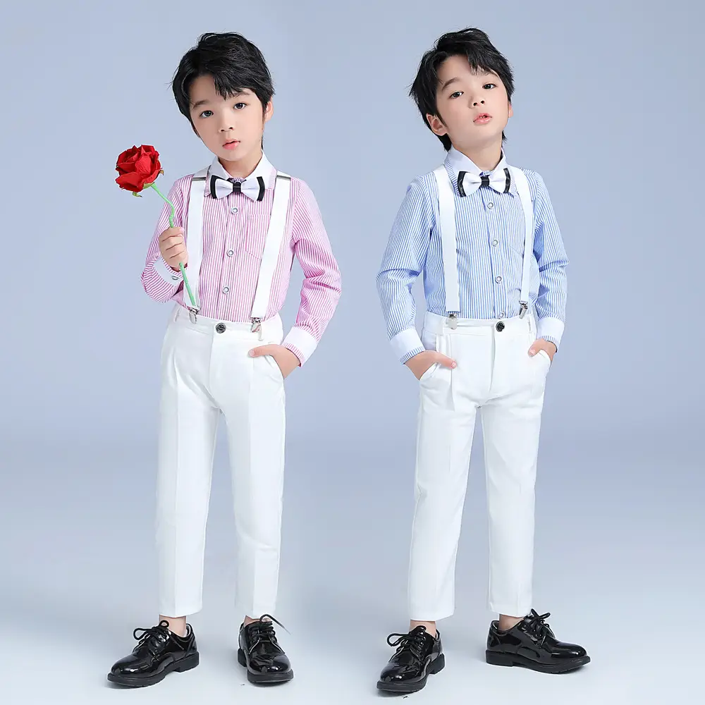 Boys Pink Striped Shirt & White Pants Set - Image 3