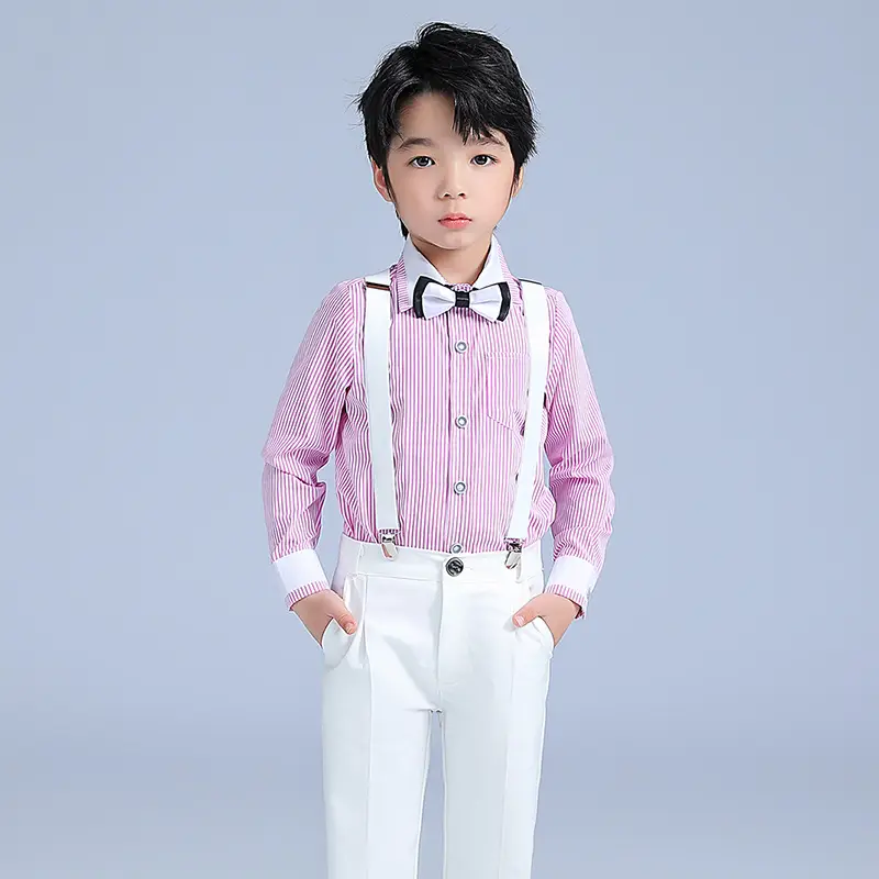 Boys Pink Striped Shirt & White Pants Set - Image 5