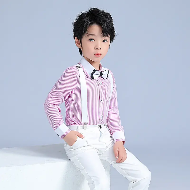 Boys Pink Striped Shirt & White Pants Set - Image 6