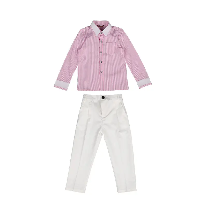 Boys Pink Striped Shirt & White Pants Set - Image 7