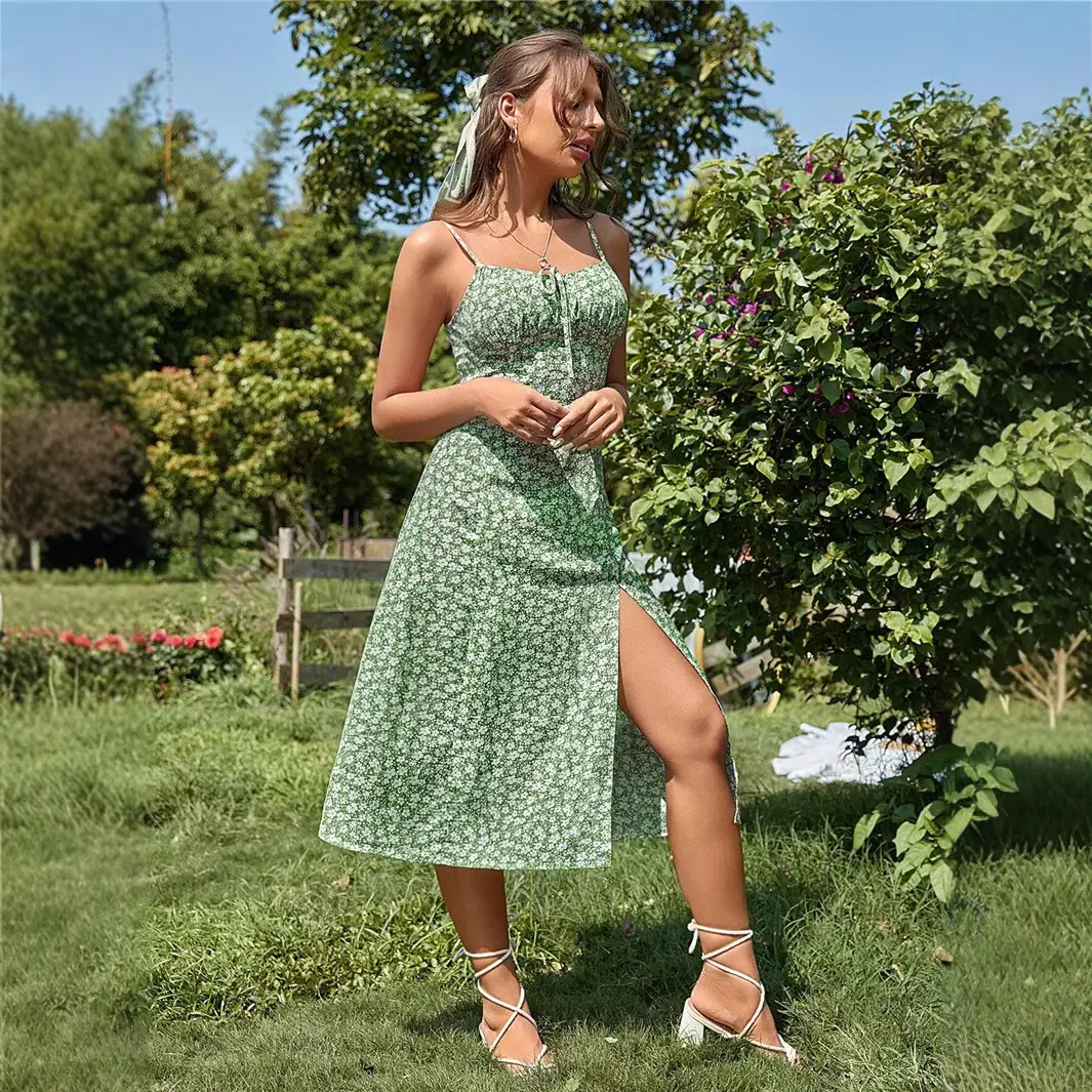 2024 Floral Cross-Border Summer Dress Blue Green - Image 6