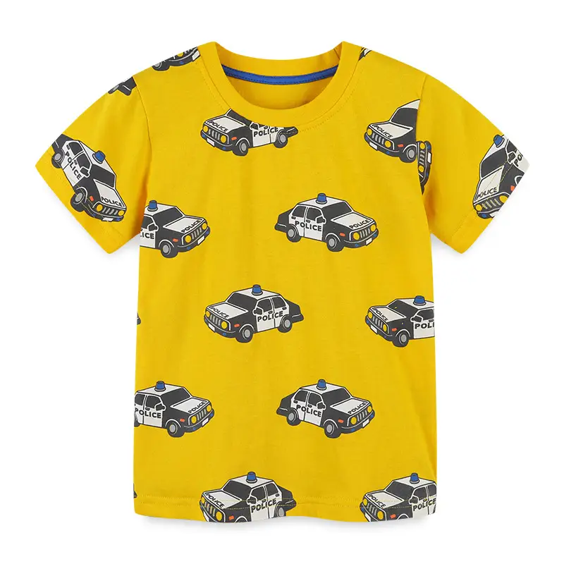 Kids Police Car Printed Yellow T-Shirt Short Sleeve Knitted Cotton - Image 2