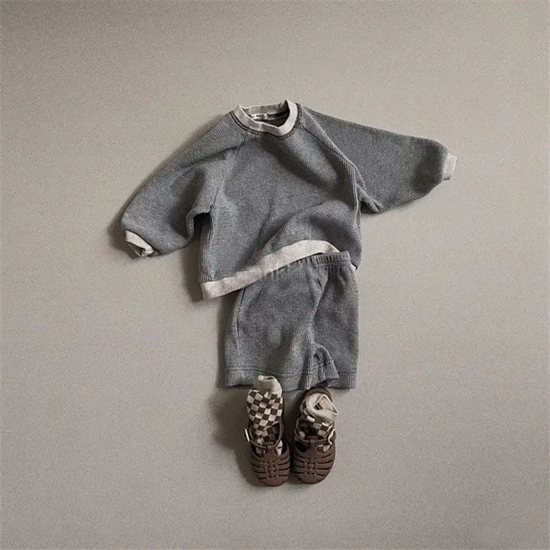 Korean Ins Japanese Waffle Sweater Shorts Set for Boys Girls - Image 4