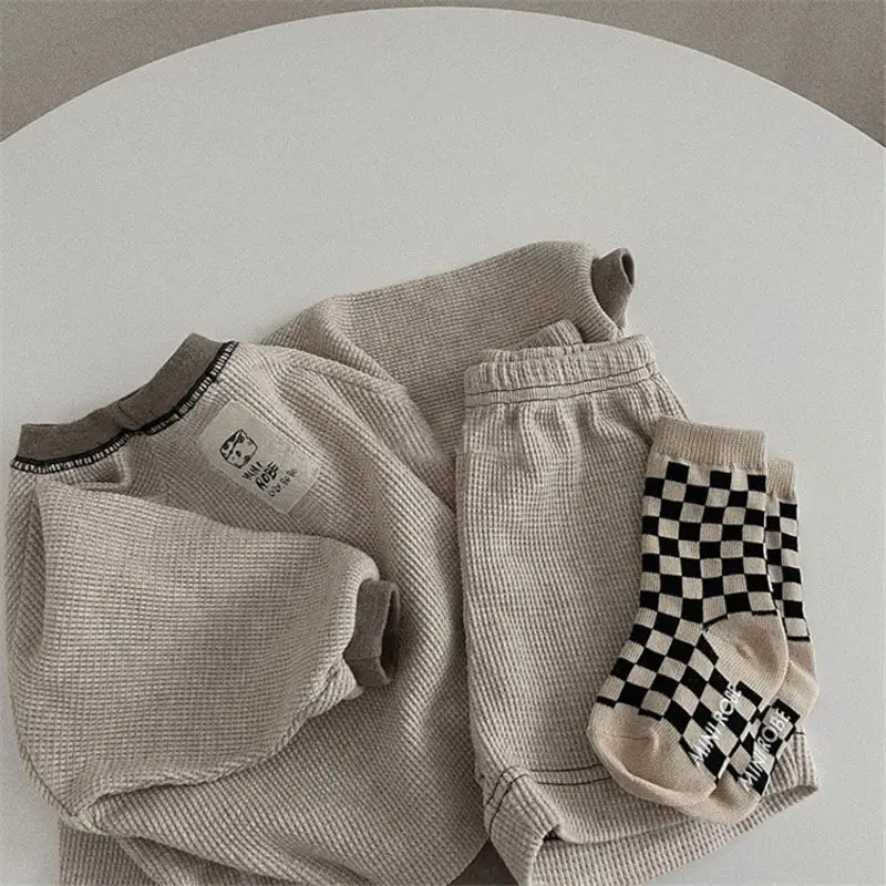 Korean Ins Japanese Waffle Sweater Shorts Set for Boys Girls - Image 5