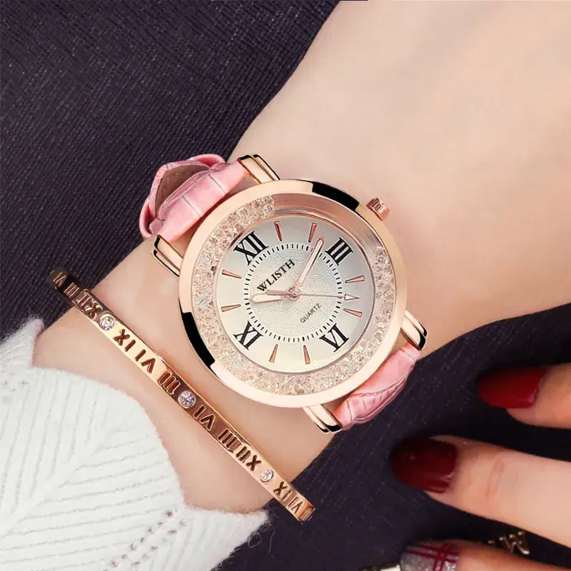 Women's Rhinestone Quartz Watch with White Leather Band - Image 2