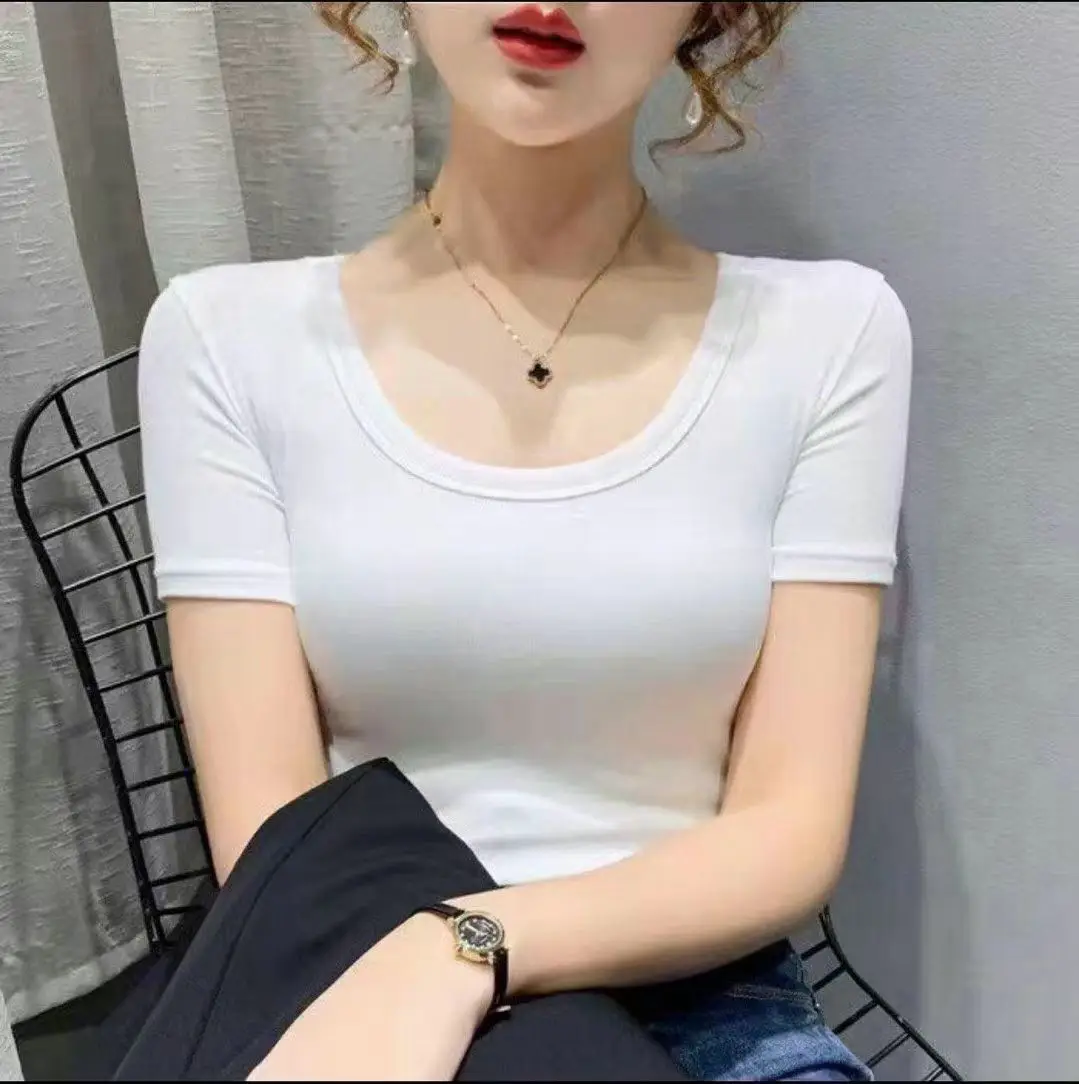Women's Purple U-Collar Cotton T-Shirt Short Sleeve - Image 7