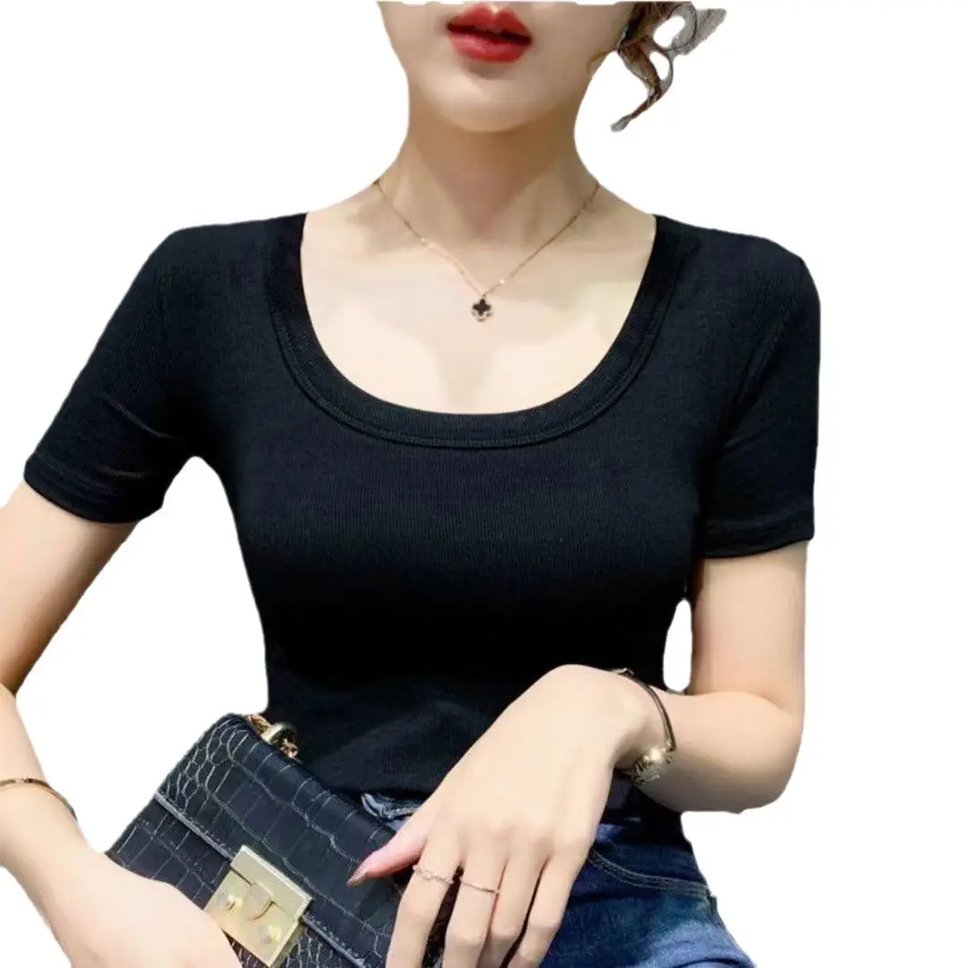Women's Purple U-Collar Cotton T-Shirt Short Sleeve - Image 11