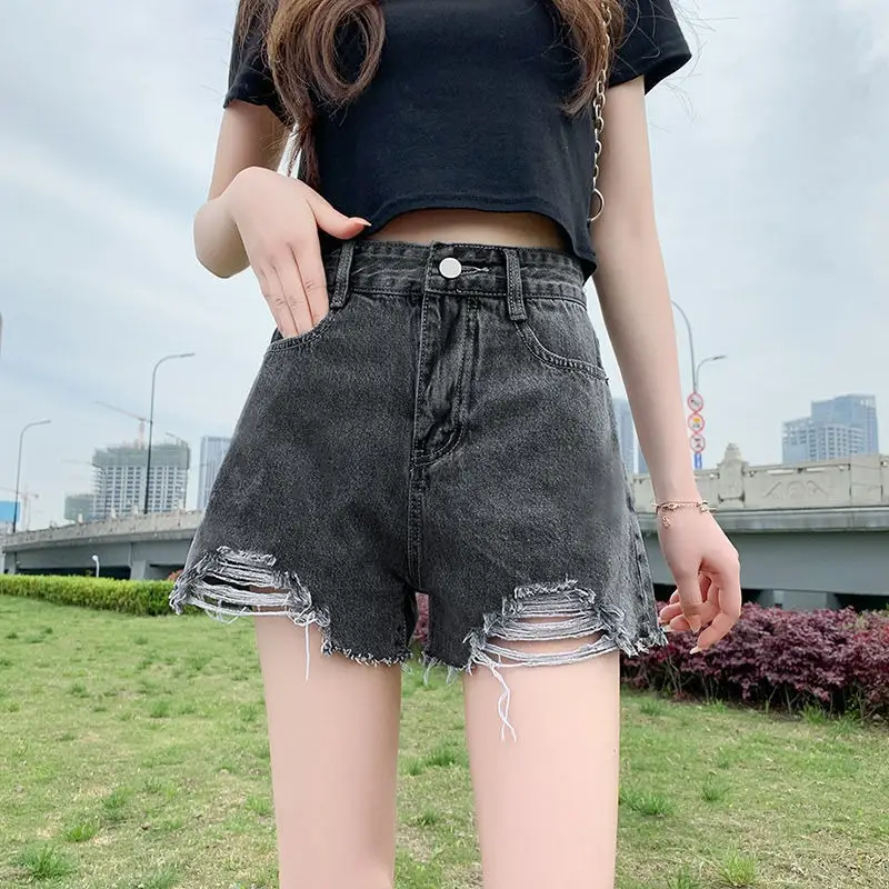 Women Denim Shorts High Waist Ripped Wide Leg Summer