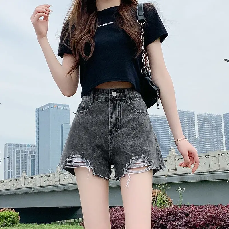 Women Denim Shorts High Waist Ripped Wide Leg Summer