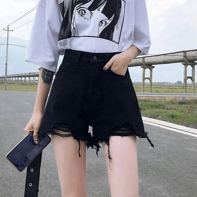 Women Denim Shorts High Waist Ripped Wide Leg Summer