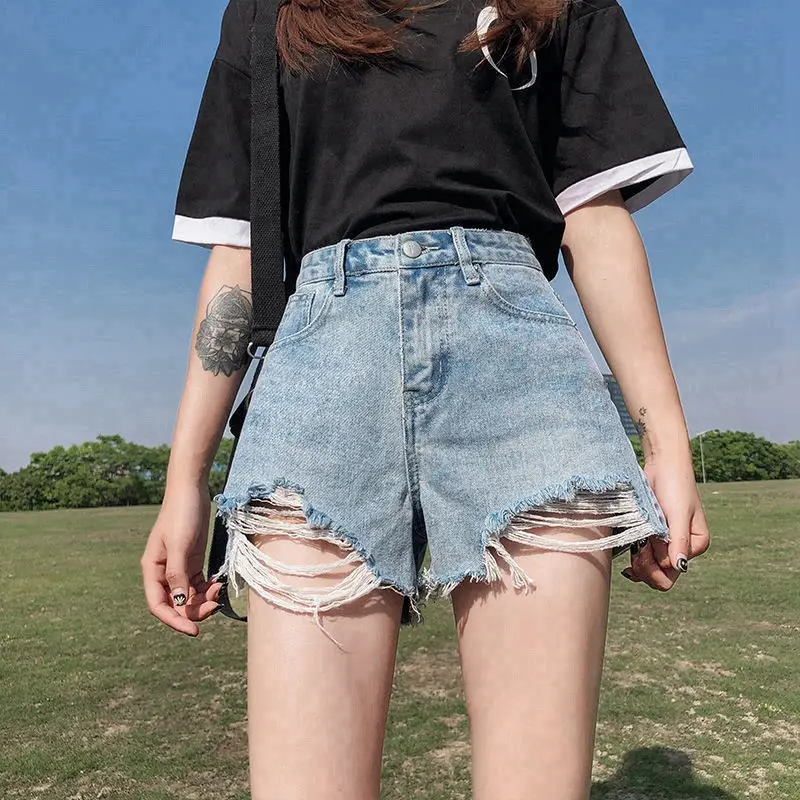 Women Denim Shorts High Waist Ripped Wide Leg Summer