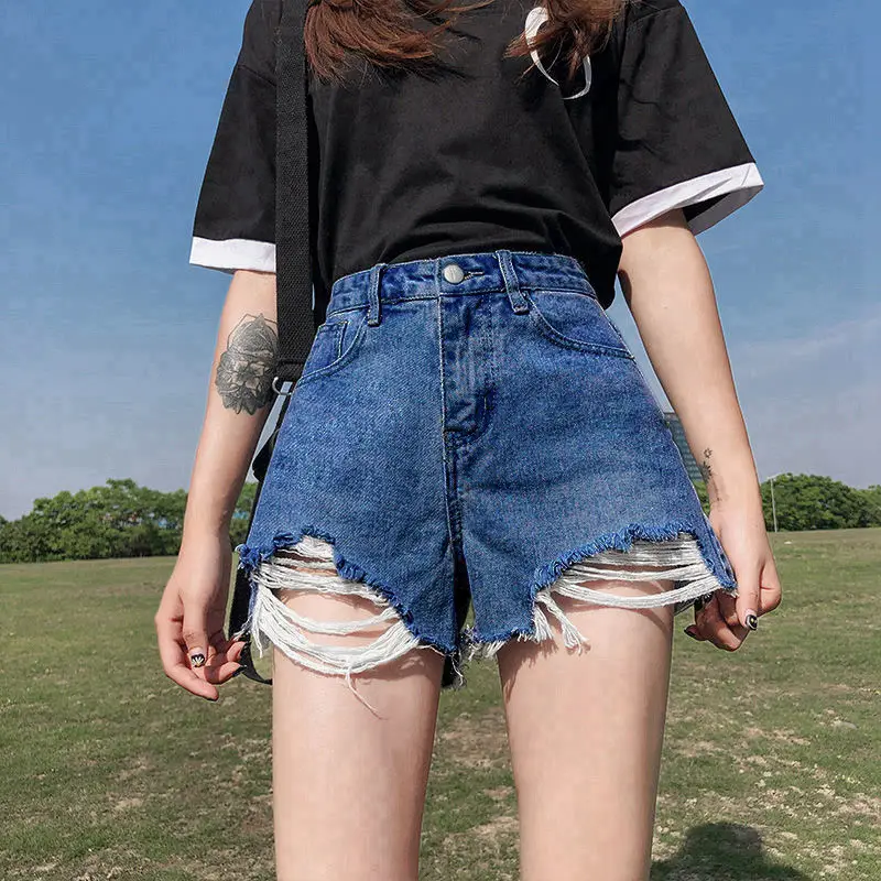 Women Denim Shorts High Waist Ripped Wide Leg Summer