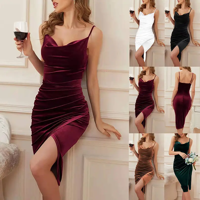 2022 Velvet Slit Pleated Women's Dress Red - Image 6