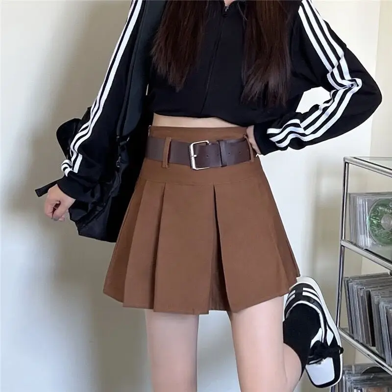 Vintage Campus Pleated Skirt Brown Belted Women - Image 7