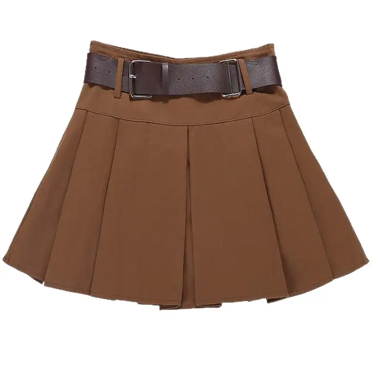 Vintage Campus Pleated Skirt Brown Belted Women - Image 8