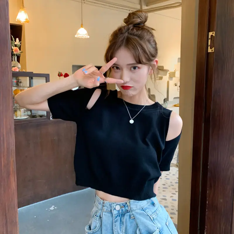 Women Ice Silk Cold Shoulder T-Shirt Summer 2025 - Image 3