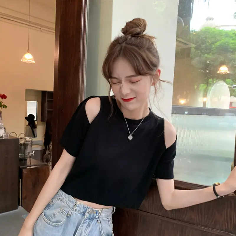 Women Ice Silk Cold Shoulder T-Shirt Summer 2025 - Image 4