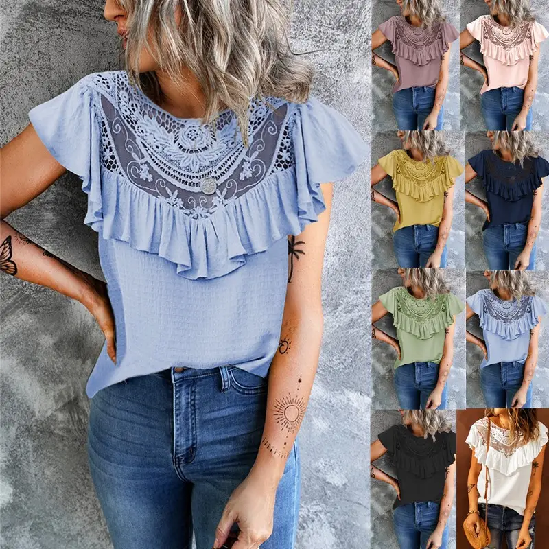 2022 Ruffled Lace Women's Vest Yellow Crewneck