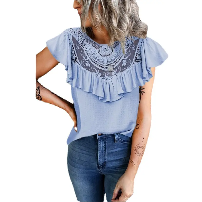 2022 Ruffled Lace Women's Vest Yellow Crewneck